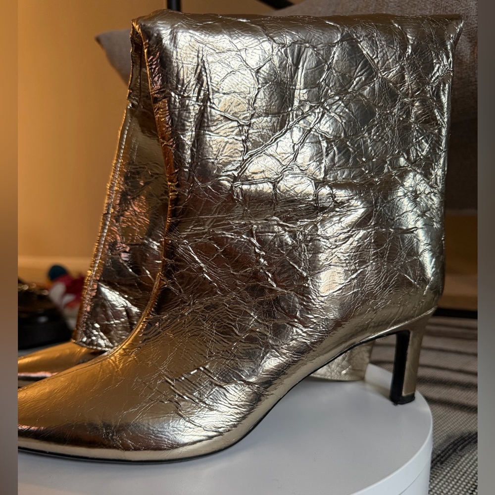 Zara Metallic Gold Crinkled Leather Heeled Ankle Boots